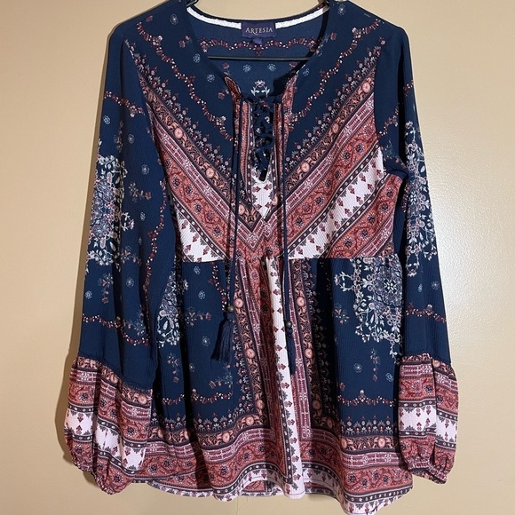 Artesia Tops - Artesia Boho Blue & Coral Floral Tassel Babydoll Tunic Top Size M